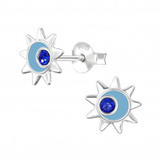 Sun Children's Sterling Silver Ear Studs with Crystal and Blue Epoxy