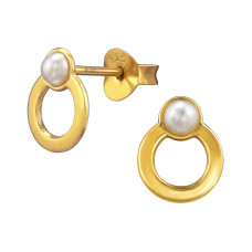 9mm Circle Sterling Silver Gold Plated Ear Studs with Imitation Pearl