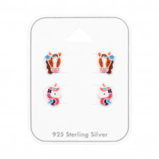 Horse and Unicorn Children's Sterling Silver Ear Studs Set on Card with Epoxy