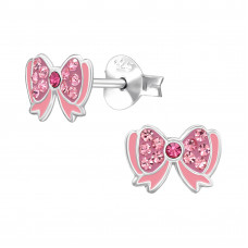 8mm Bow Children's Sterling Silver Ear Studs with Pink Epoxy and 22x Crystal