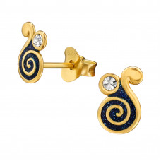 8mm Spiral Sterling Silver Gold Plated Ear Studs with 2x Crystal and Black Epoxy