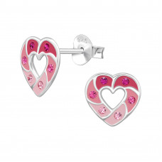 Heart Cut-Open Children's Sterling Silver Ear Studs with Crystal and Epoxy