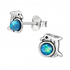 7mm Dolphin Sterling Silver Oxidized Ear Studs with Imitation Opal