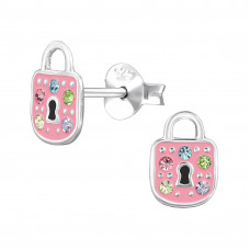 9mm Padlock Children's Sterling Silver Ear Studs with 10x Crystal and Light Pink Epoxy