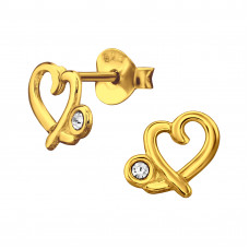 8mm Irregular Shaped Heart Sterling Silver Gold Plated Ear Studs with 2x Crystal
