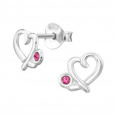 Asymmetrical Open Heart Sterling Silver Ear Studs with 2x Crystal