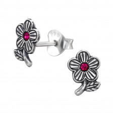 Flower 8mm Sterling Silver Oxidized Ear Studs with 2x Crystal