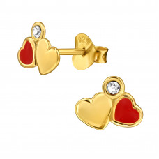 Connected Hearts Sterling Silver Gold Plated Ear Studs with White Crystal and Red Epoxy