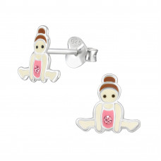 9mm Gymnastics Children's Sterling Silver Ear Studs with 2x Crystal and Cream, Pink and Brown Epoxy