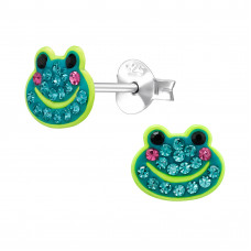 Frog Children's Sterling Silver Ear Studs with Spray Epoxy and 38x Crystal