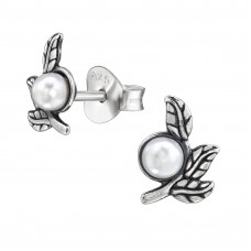 Branch with Three Leaves Sterling Silver Oxidized Ear Studs with Imitation Pearl