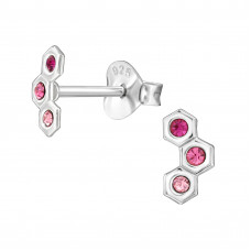 Three Hexagon Sterling Silver Ear Studs with Gradient Pink Crystal
