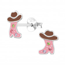 Cowboy Boots Children's Sterling Silver Ear Studs with 6x Crystal and Pink with Brown Epoxy