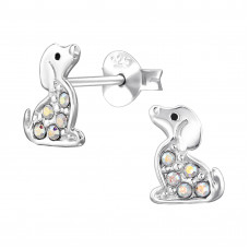 Seated Dachshund Dog Sterling Silver Ear Studs with 10x Crystal and Epoxy