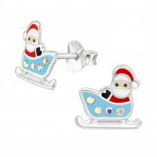 Santa Claus on Sleigh Children's Sterling Silver Ear Studs with 8x Crystal and Epoxy