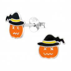 Halloween Pumpkin with Hat Children's Sterling Silver Ear Studs with Epoxy