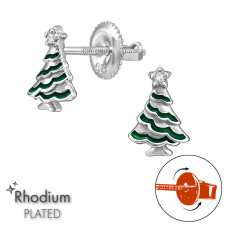 Christmas Tree Children's Sterling Silver Screw Back Ear Studs with Cubic Zirconia and Epoxy