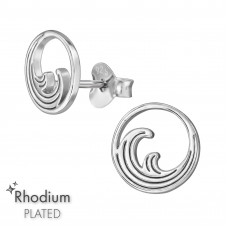 8mm Wave Sterling Silver Rhodium Plated Ear Studs