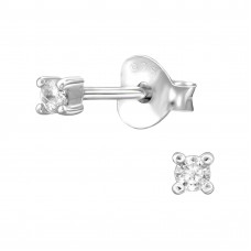 2mm Round Sterling Silver Ear Studs with 4 Prong Cubic Zirconia