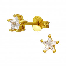 4mm Sterling Silver Gold Plated Ear Studs with Star 5 Prong Cubic Zirconia