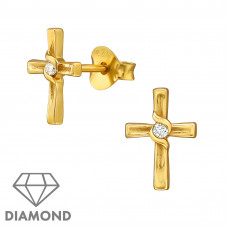 Cross Sterling Silver Ear Studs with 1.5mm Diamonds