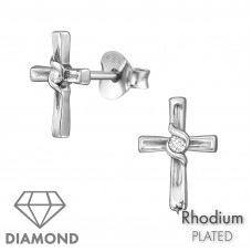 Cross Sterling Silver Ear Studs with 1.5mm Diamonds
