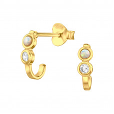 Curved Round Sterling Silver Ear Studs with Cubic Zirconia and Synthetic Opal