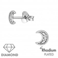 Moon Sterling Silver Ear Studs with 1mm Diamonds