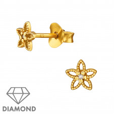 Flower Sterling Silver Ear Studs with 1mm Diamonds