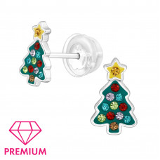 Christmas Tree Children's Sterling Silver Premium Kid Ear Studs with Crystal