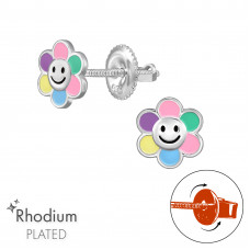 Flower Smiley Children's Sterling Silver Screw Back Ear Studs with Epoxy