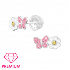 Daisy Flower with Butterfly Children's Sterling Silver Premium Kid Ear Studs with Crystal and Epoxy
