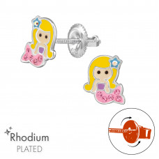 Mermaid Children's Sterling Silver Screw Back Ear Studs with Crystal and Epoxy