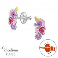 Seahorse Children's Sterling Silver Screw Back Ear Studs with Epoxy