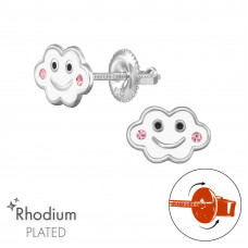 Smiley Cloud Children's Sterling Silver Screw Back Ear Studs with Crystal and Epoxy