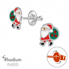 Santa Claus Children's Sterling Silver Screw Back Ear Studs with Crystal and Epoxy