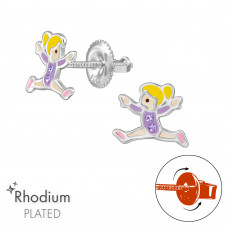 Gymnastics Girl Children's Sterling Silver Screw Back Ear Studs with Crystal and Epoxy