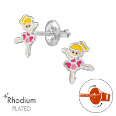Ballerina Children's Sterling Silver Screw Back Ear Studs with Epoxy