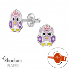 Owl Children's Sterling Silver Screw Back Ear Studs with Crystal and Epoxy
