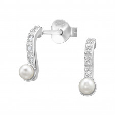 Curved Sterling Silver Ear Studs with Cubic Zirconia and Imitation Pearl