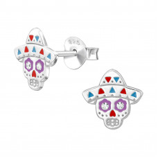 Halloween Skull with Hat Sterling Silver Ear Studs with Crystal and Epoxy