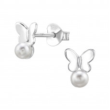 Butterfly Sterling Silver Ear Studs with Imitation Pearl