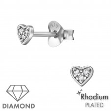 Heart Sterling Silver Ear Studs with 1mm Diamonds