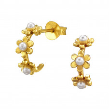 Half Hoop Flower Sterling Silver Ear Studs with Imitation Pearl