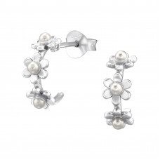 Half Hoop Flower Sterling Silver Ear Studs with Imitation Pearl
