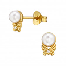 Butterfly Sterling Silver Ear Studs with Cubic Zirconia and Imitation Pearl