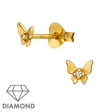 Butterfly Sterling Silver Ear Studs with 1mm Diamonds