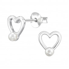 8mm Open Heart Sterling Silver Ear Studs with Imitation Pearl