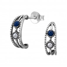 Vintage Inspired Half Hoop Sterling Silver Oxidized Ear Studs with Imitation Pearl and Imitation Opal