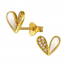 9mm Curved Heart Sterling Silver Gold Plated Ear Studs with Shell Mother of Pearl and White Cubic Zirconia